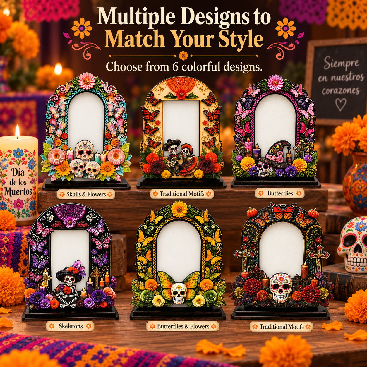 Multiple Día de los Muertos wooden memorial photo frame designs
