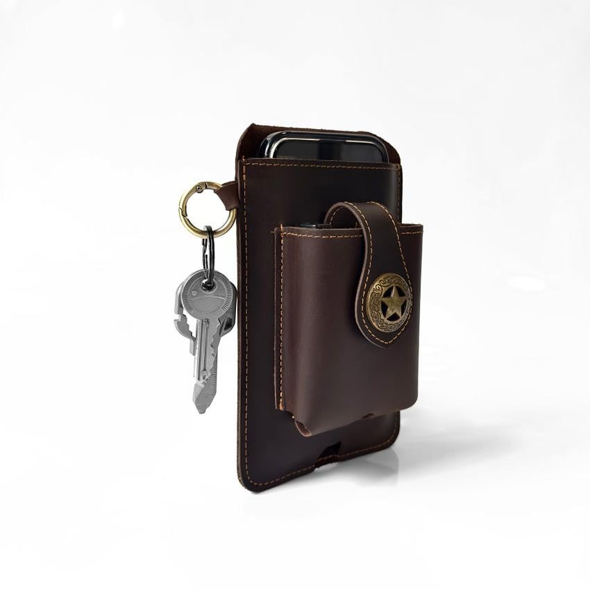 Vintage Cowhide Belt Waist Bag for Men - Multifunctional Phone & Card Holder with Keychain Genuine leather Belt Bag hiking waist bag Leather phone case with belt loops cell phone holster Keychain Holder bag  for Outdoor Hiking Travel bag hip