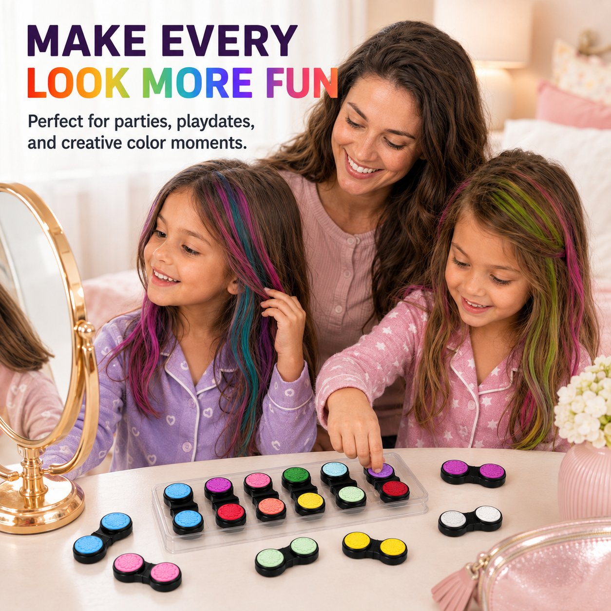 Family displaying colorful temporary hair streaks beside the twelve-color applicator set