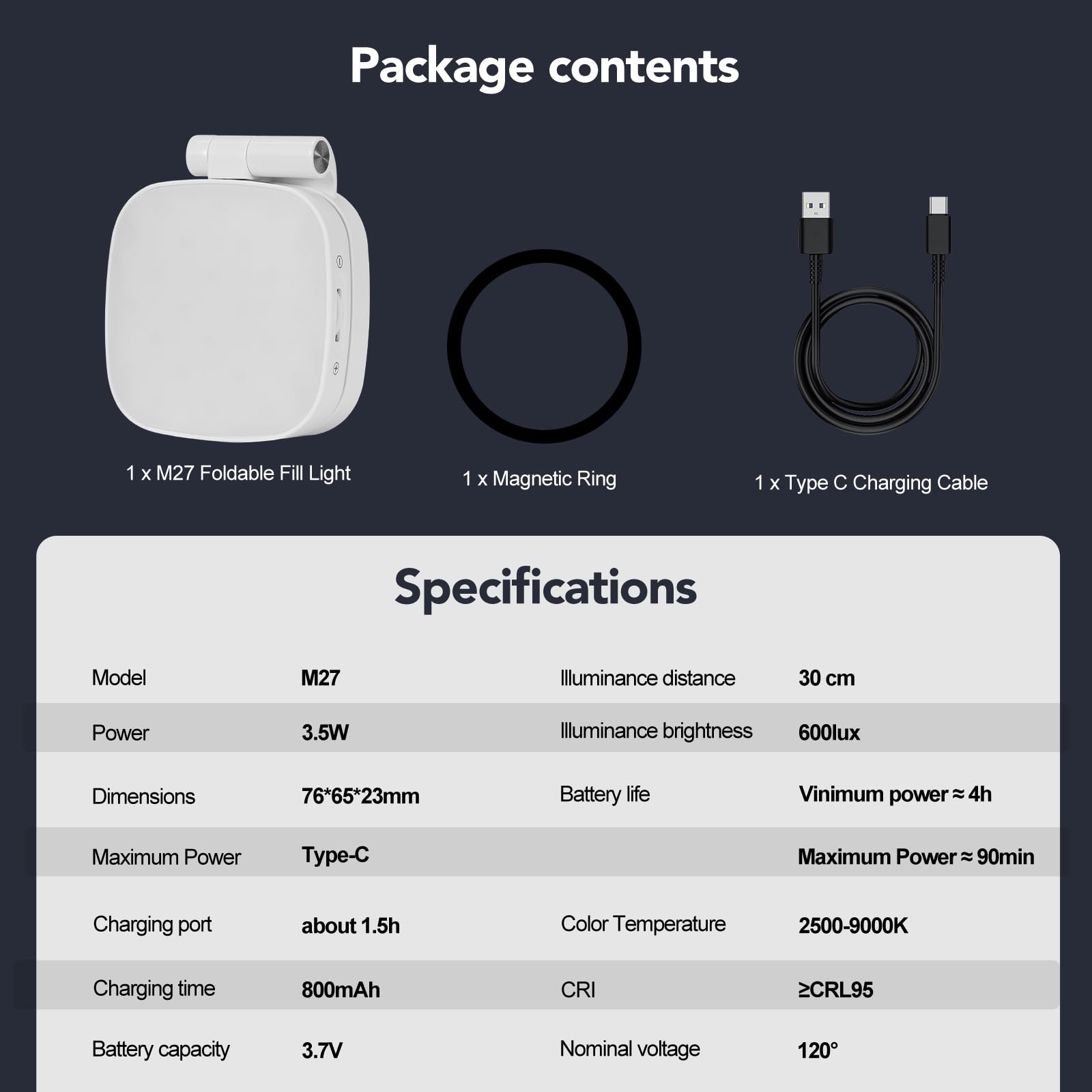 Package contents and technical specifications for the foldable magnetic fill light