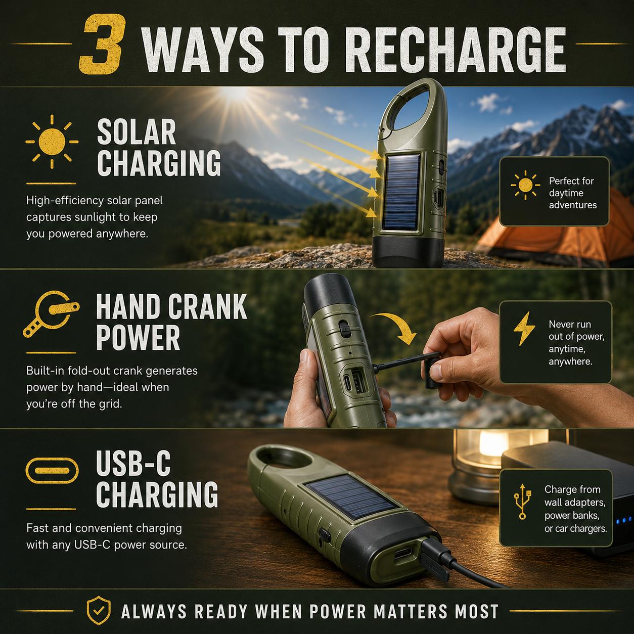 Three ways to recharge the flashlight