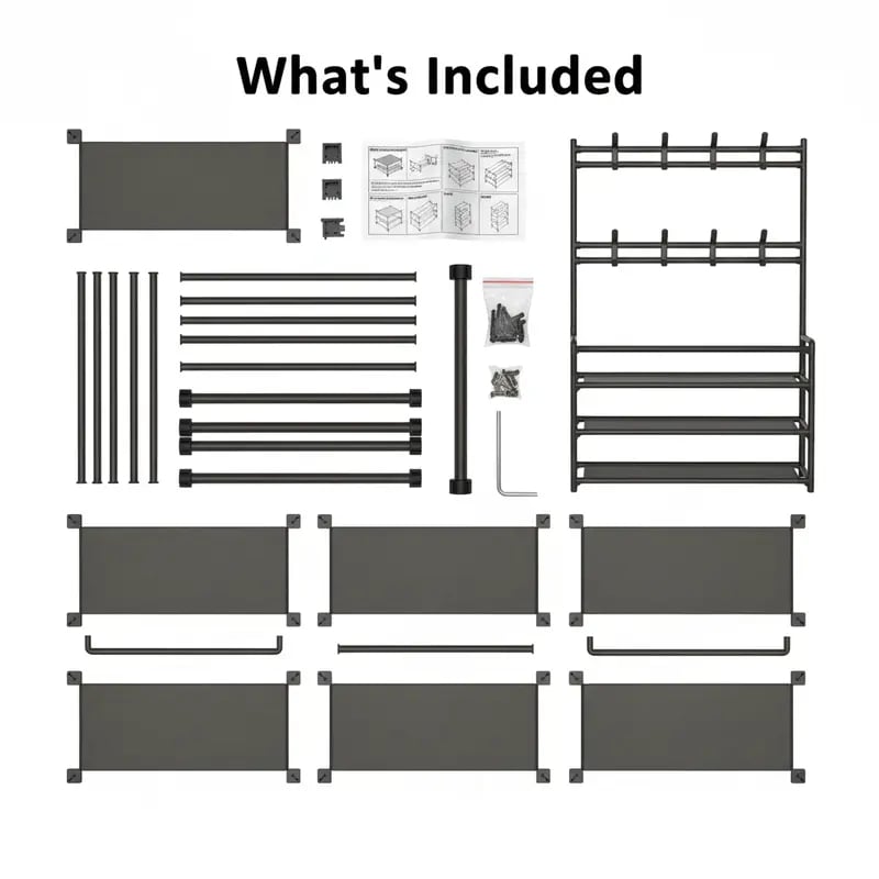 Storage rack package contents including shelves, frame tubes, hooks, connectors, hardware and instructions