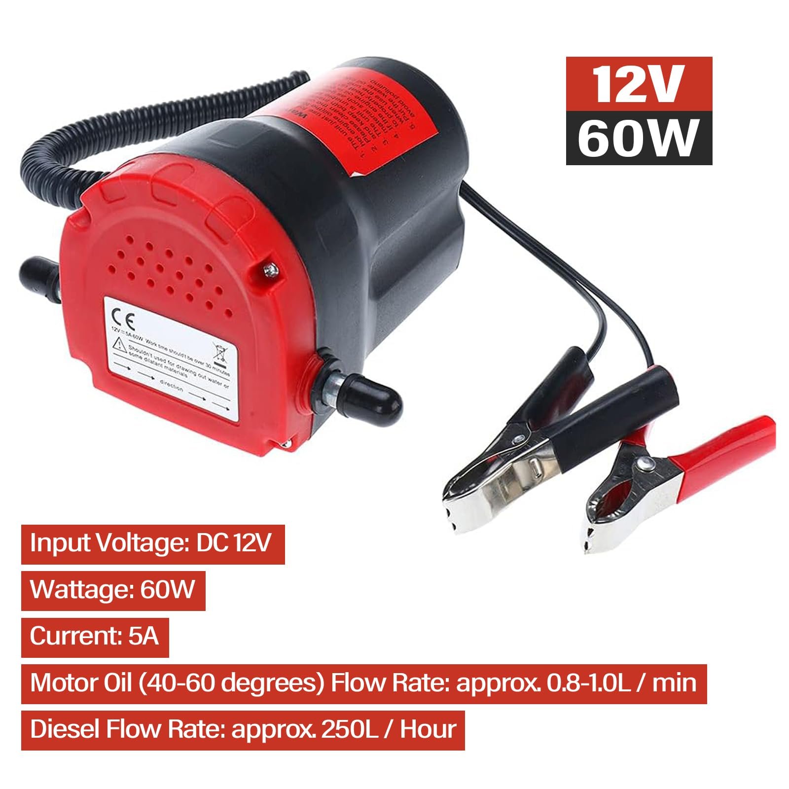 12V 60W oil extractor pump with clip-on battery cables and power switch