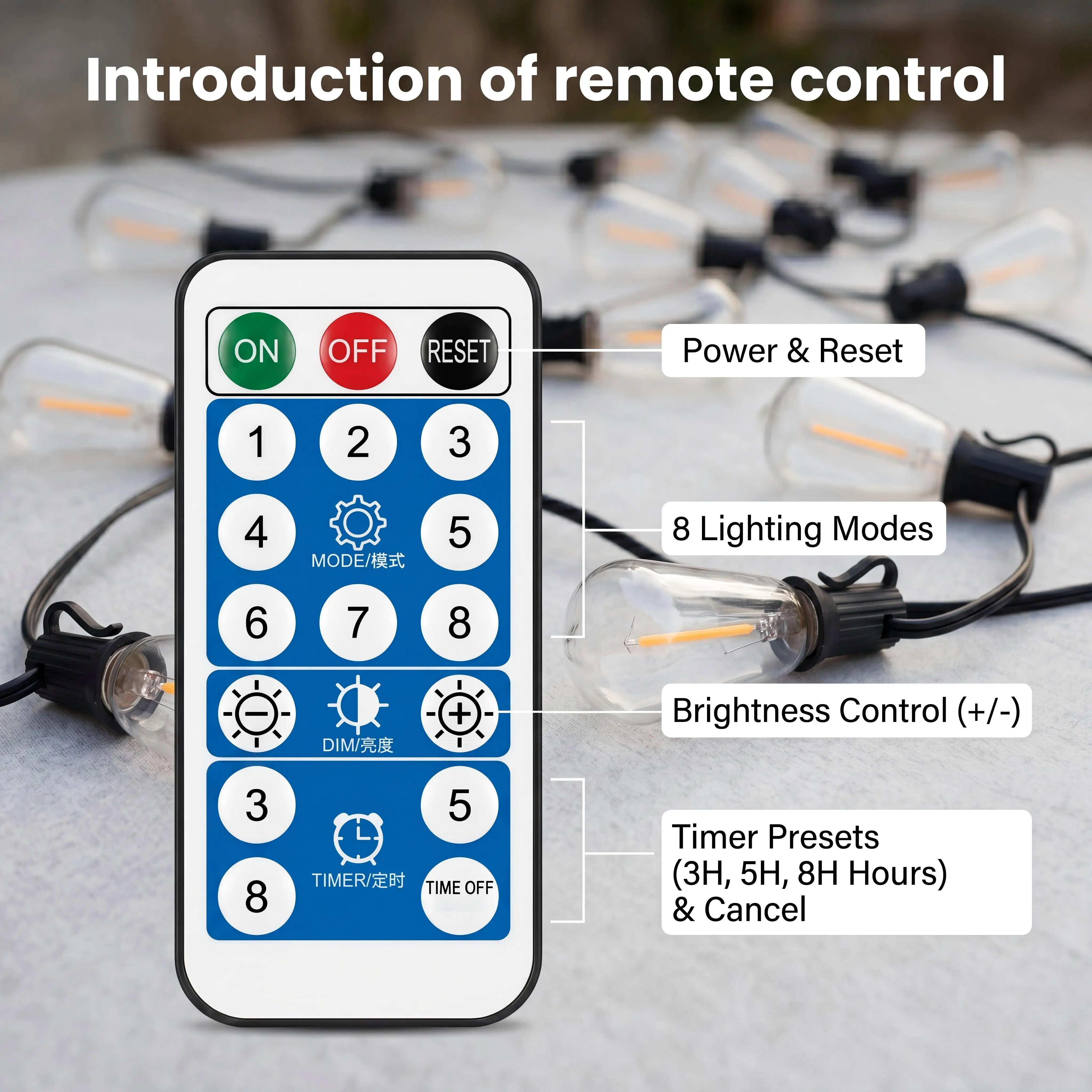 Solar string light remote control with eight modes brightness and timer controls Solar string light remote control with eight modes brightness and timer controls