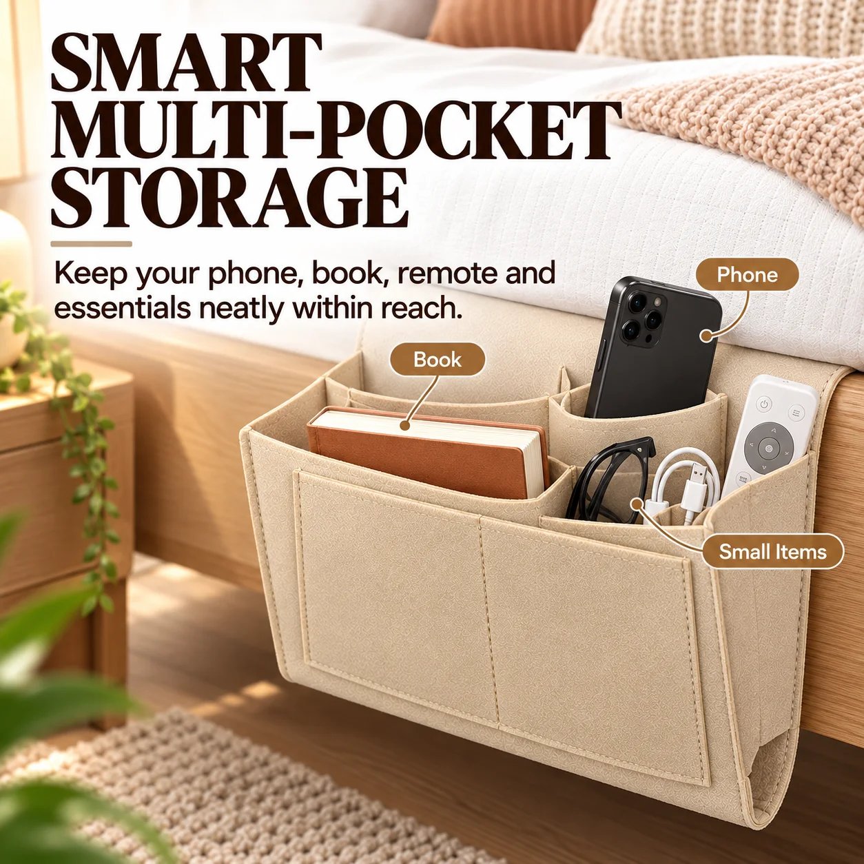 Multi pocket bedside organizer storage compartments