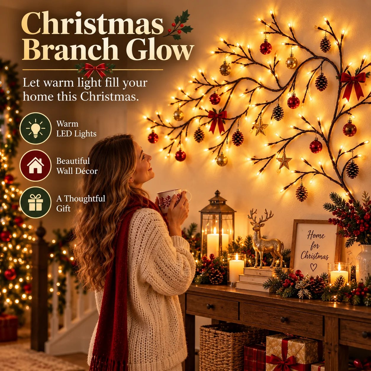 Family enjoying Christmas branch lights