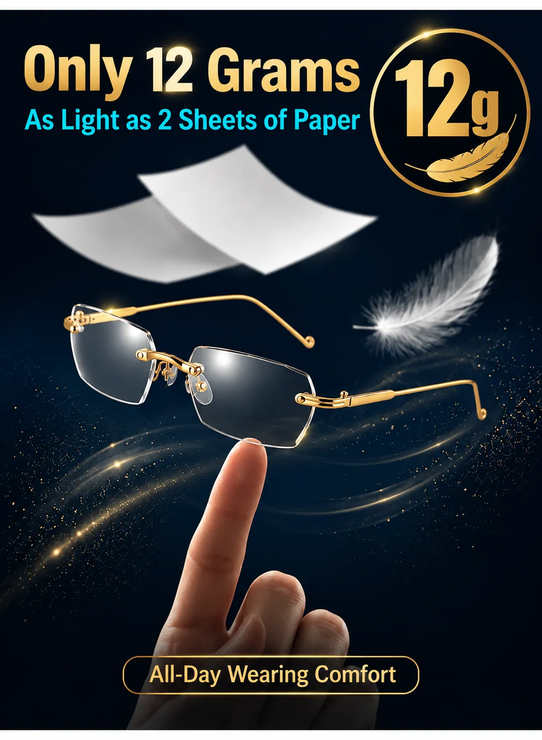 Rimless gold-tone glasses with a listed approximate weight of 12 grams