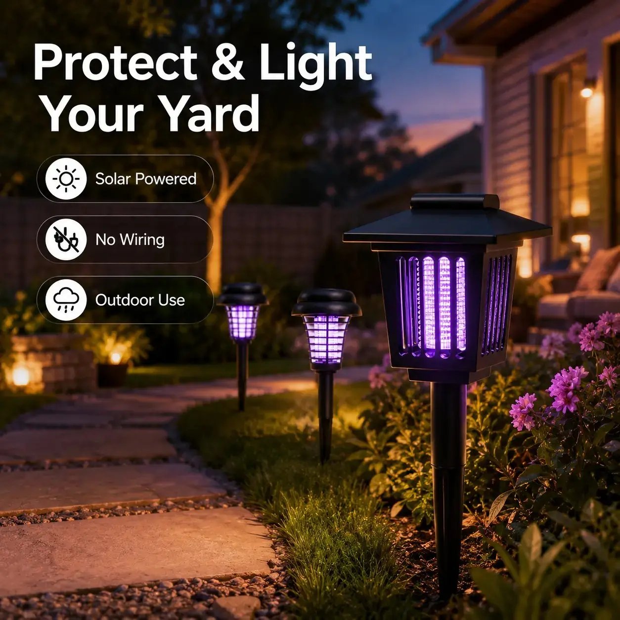 Solar Mosquito Zapper Stake Lights lighting up a garden pathway at night Solar Mosquito Zapper Stake Lights lighting up a garden pathway at night