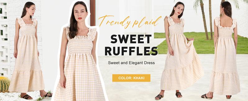 Product Introduction of Chouyatou Women's Retro Plaid Smocked Dress Spaghetti Strap Flounce Long Dress 6