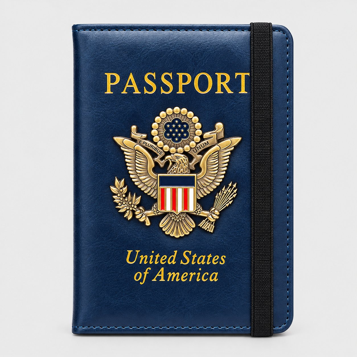 Navy blue passport holder with a gold-tone 3D metal eagle badge and black elastic closure