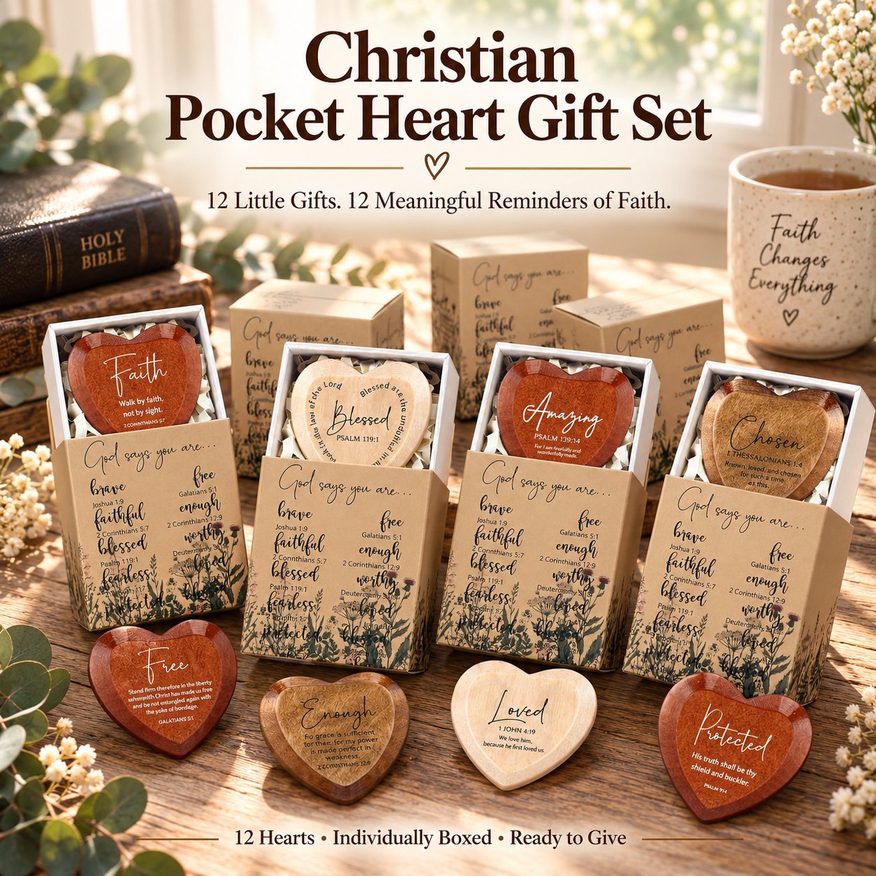 Twelve Christian pocket hearts with inspirational messages