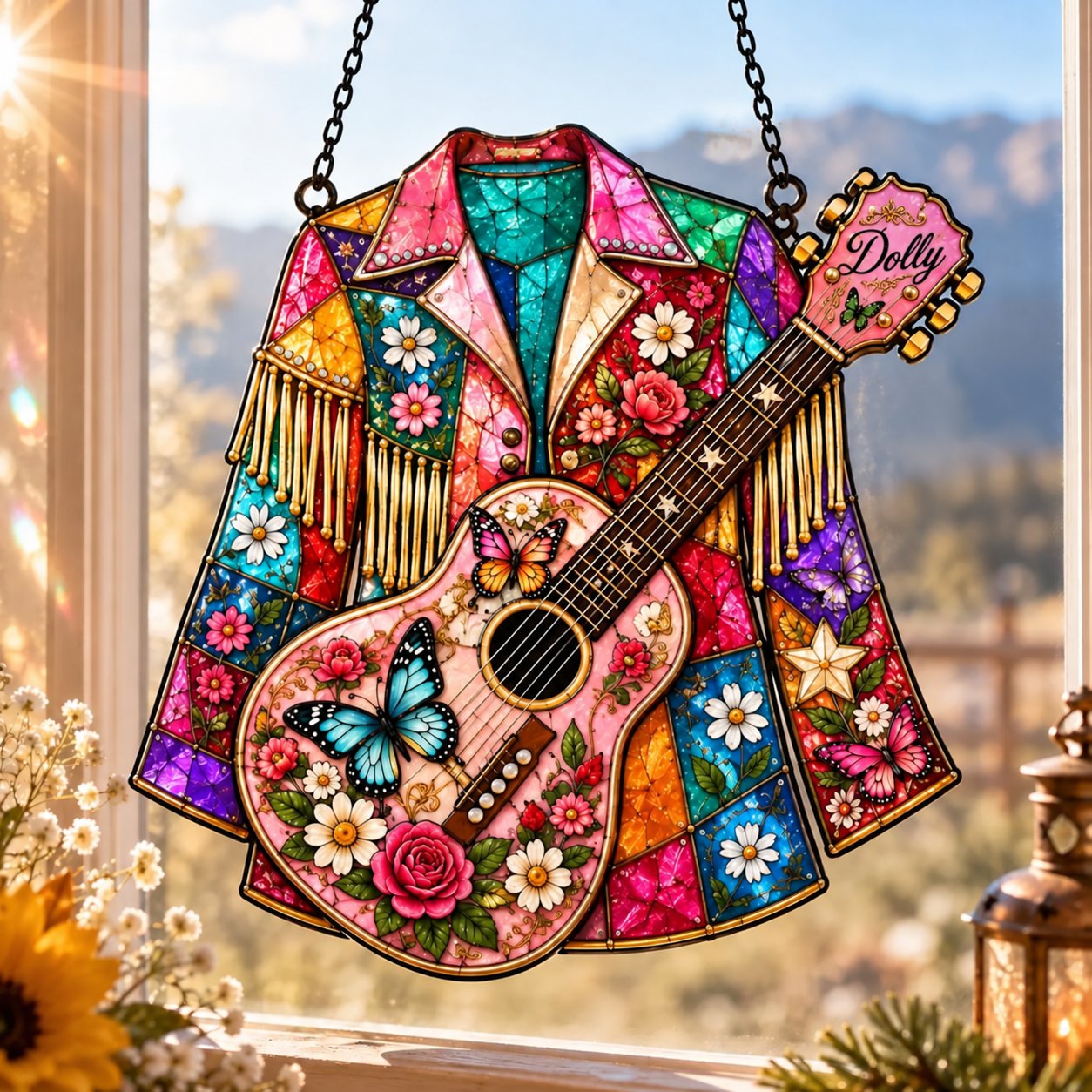 Close-up beauty shot of stained glass coat and floral guitar suncatcher