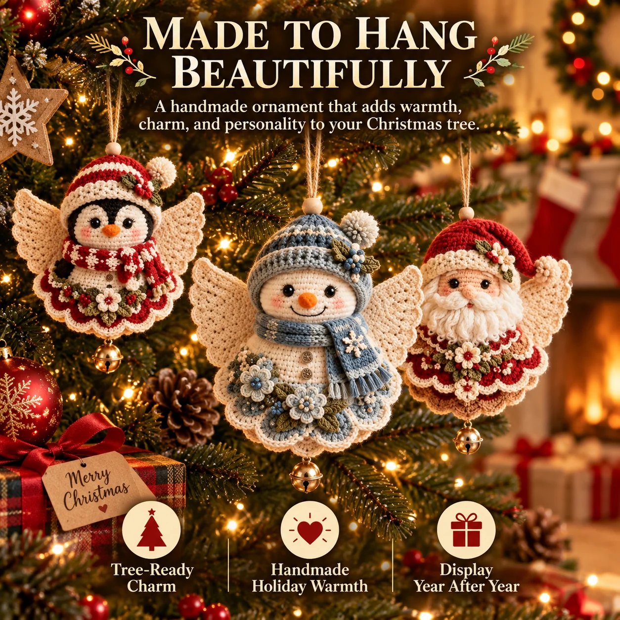 Handgemaakte gehaakte kerstengeltjes om in de kerstboom te hangen