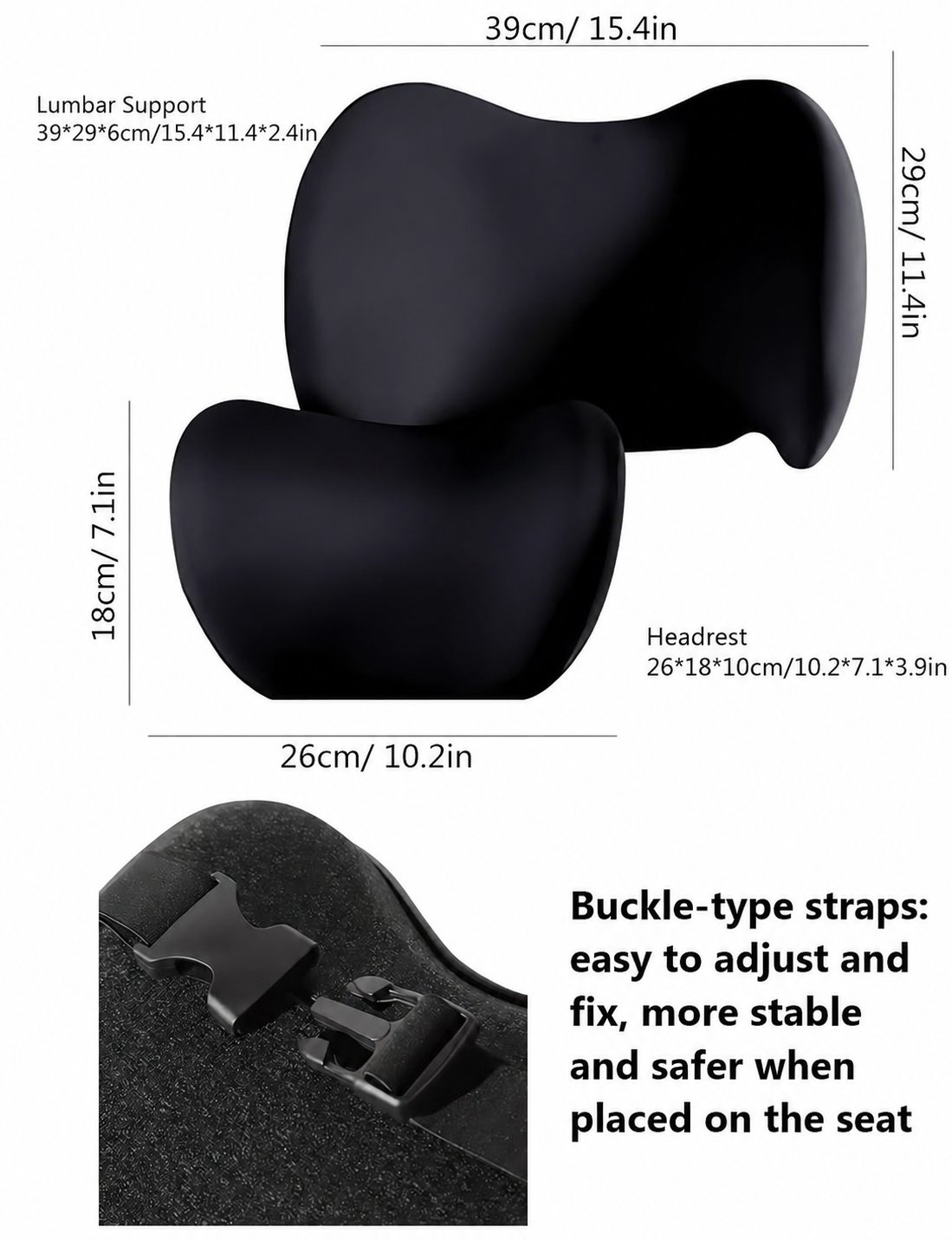 Car lumbar support and headrest pillow dimensions with adjustable buckle straps