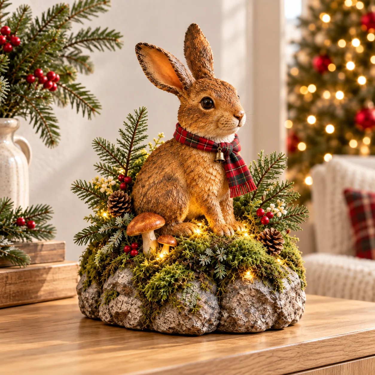 Detailed resin rabbit with moss, mushrooms, pinecones and red berries