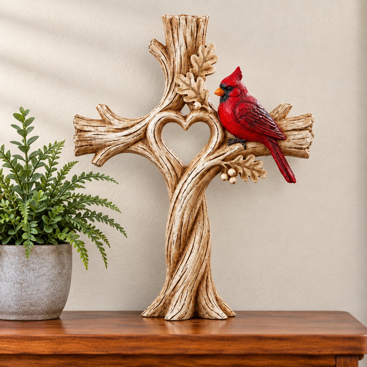 Red cardinal detail on wooden Christian cross