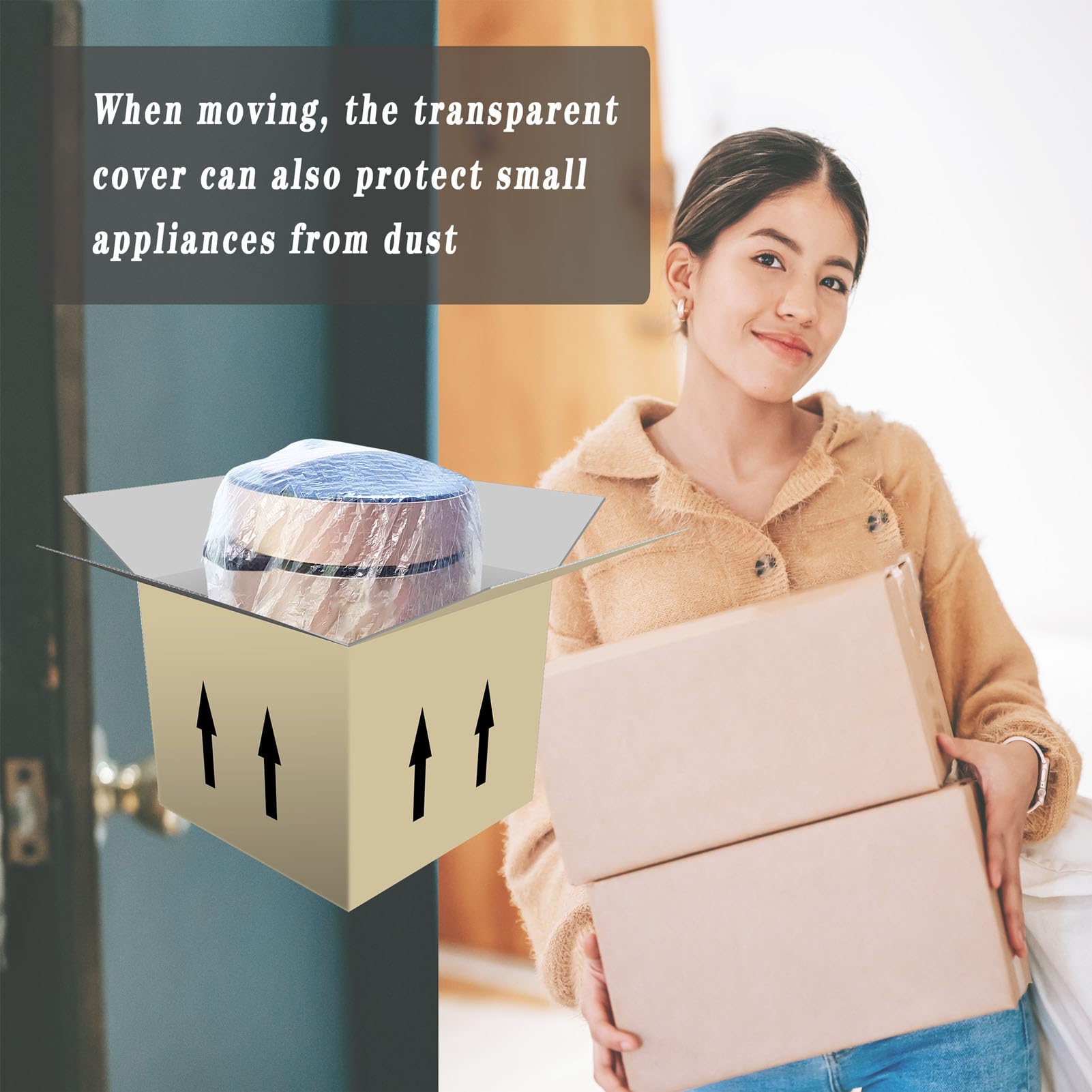 Transparent plastic appliance cover protects against dust inside moving boxes