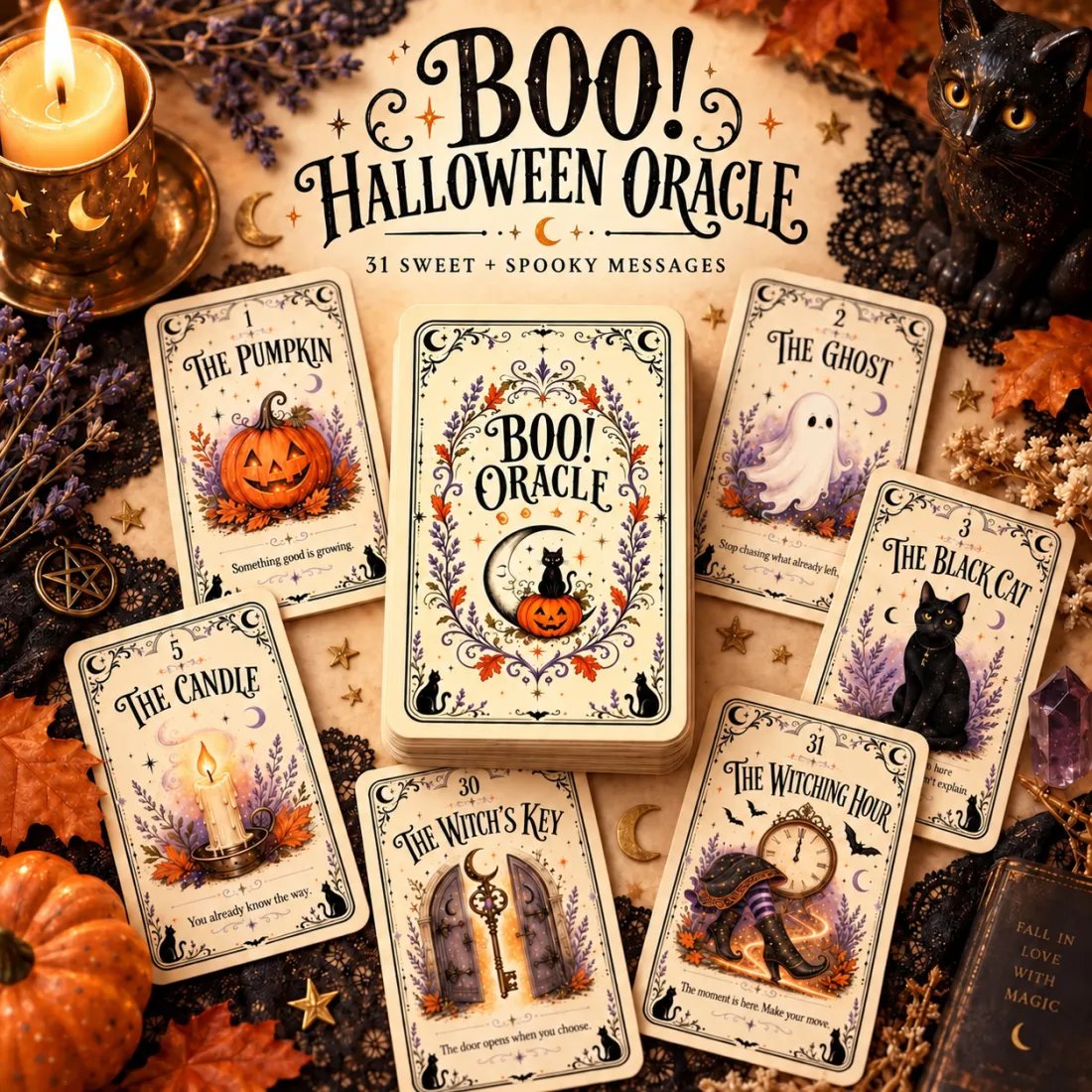 31 Nights of Halloween Oracle Deck with illustrated Halloween-themed cards