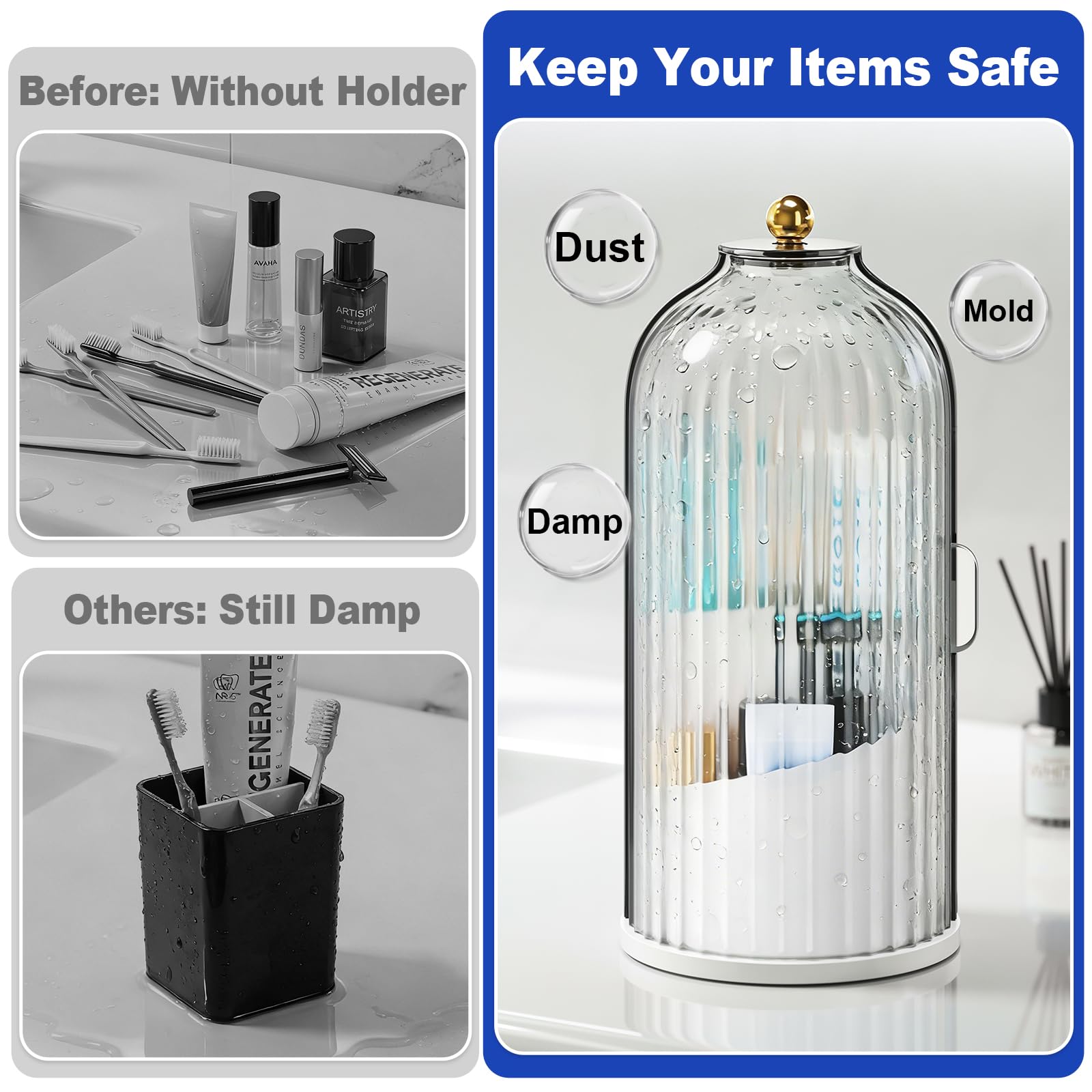 Covered bathroom organizer compared with loose toothbrushes and toiletries on a wet counter