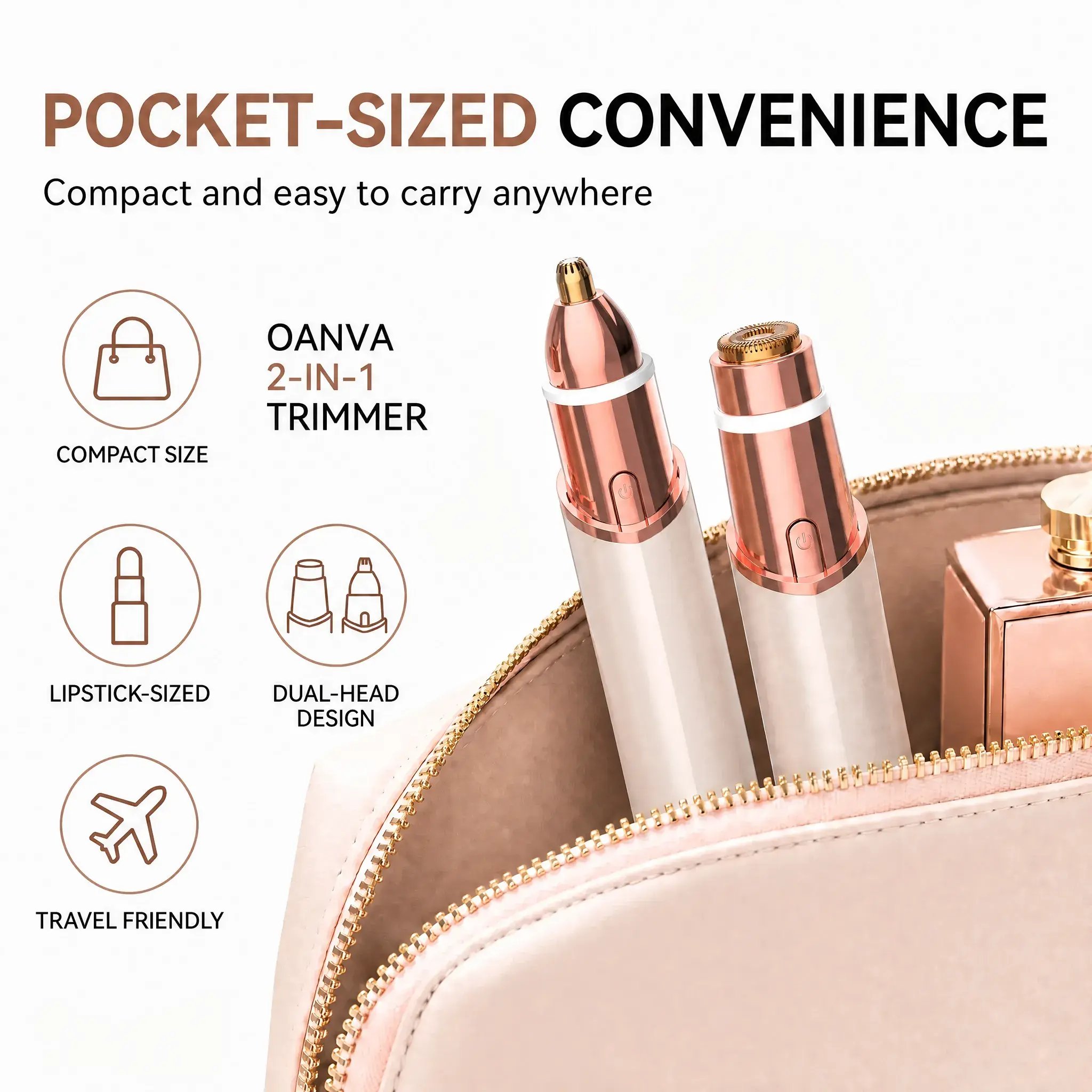 Pocket-sized dual-head eyebrow and facial trimmer stored inside a travel makeup bag