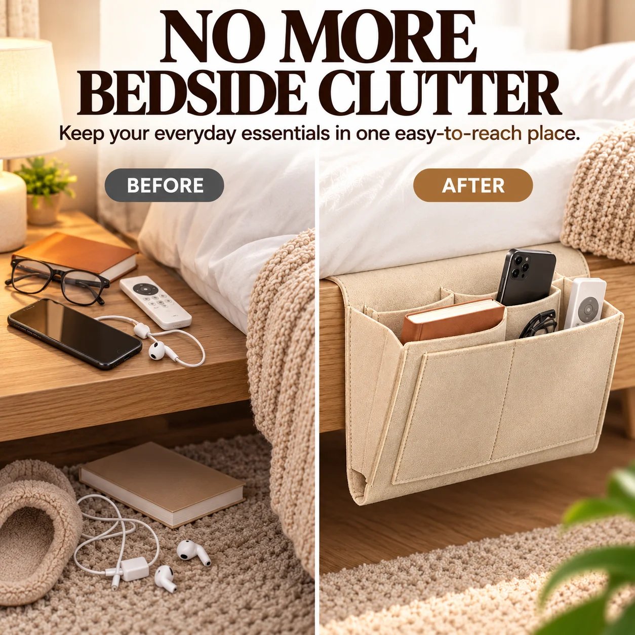Bedside organizer keeps essentials off the floor