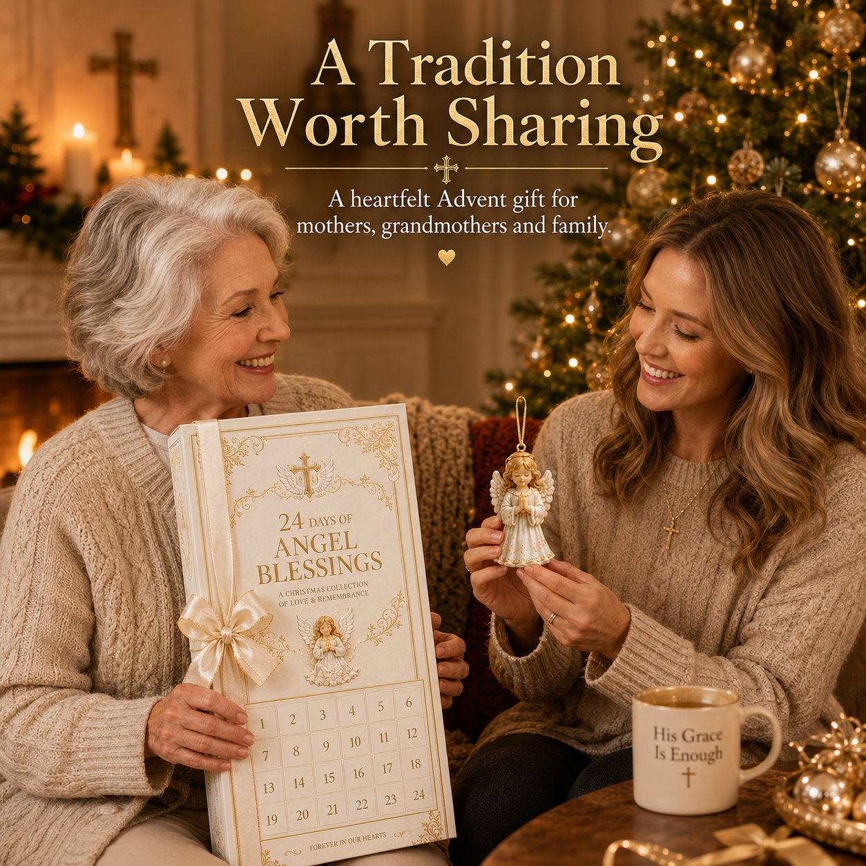 Mother and adult daughter sharing the angel Advent calendar as a Christmas gift