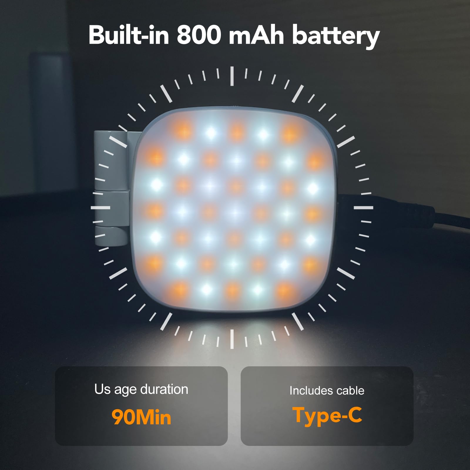 Rechargeable 800 mAh selfie light with USB-C charging and 90-minute maximum-brightness runtime