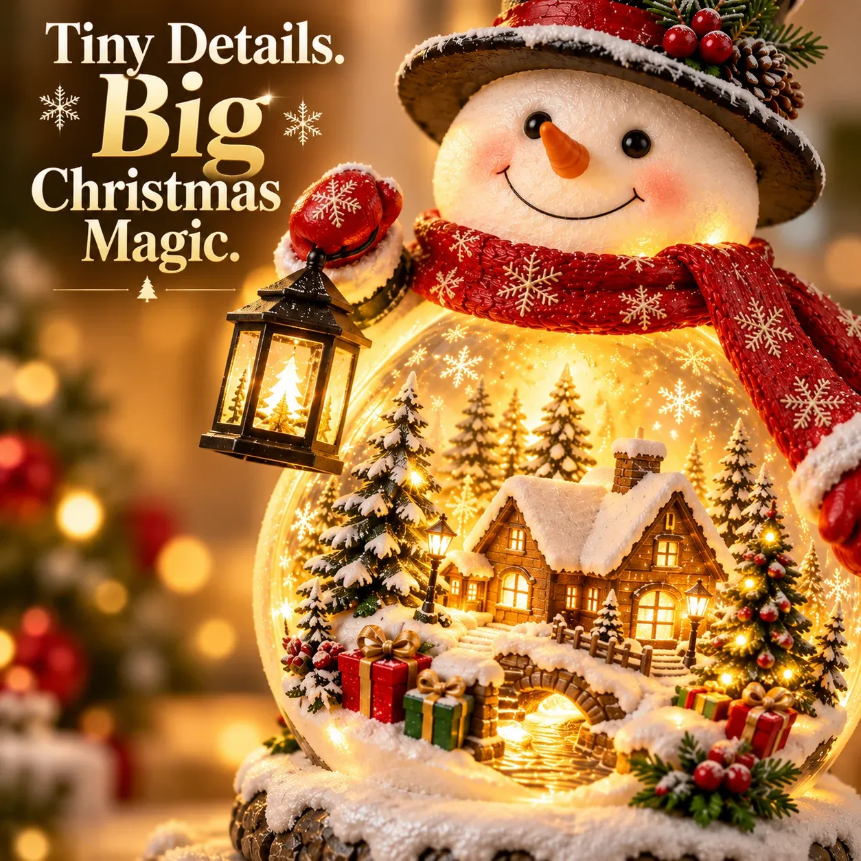Close view of miniature Christmas village inside snowman decoration