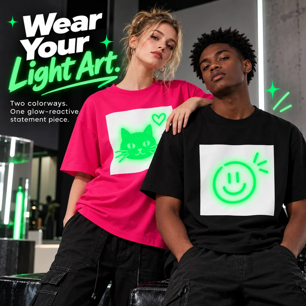 Wear Your Light Art - Two colorways one glow-reactive statement piece