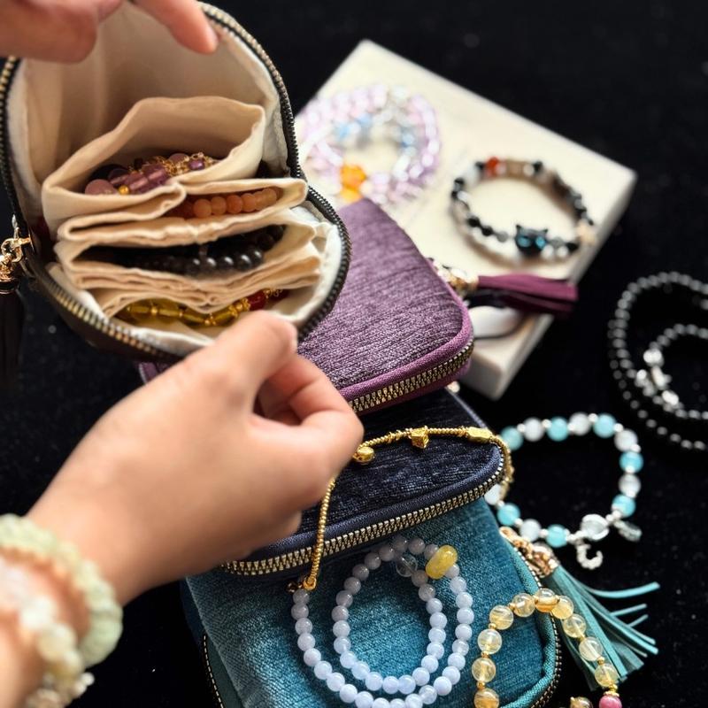 2025 New Travel Jewelry Case – Portable Organizer for Rings, Bracelets, & Bangles with Tassel Zipper, Elegant Jewelry Roll for Journey, Crystal Jewelry Storage Pouch, Mini, Navy Blue