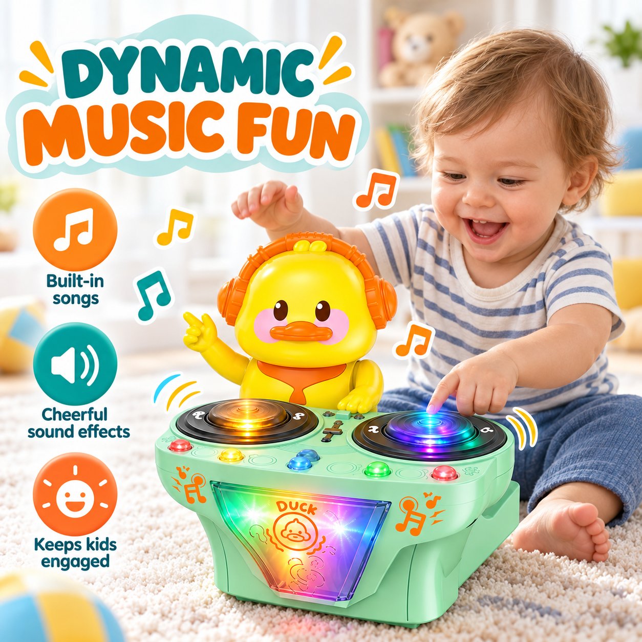 Child enjoying the DJ duck musical toy with built-in songs and cheerful sound effects