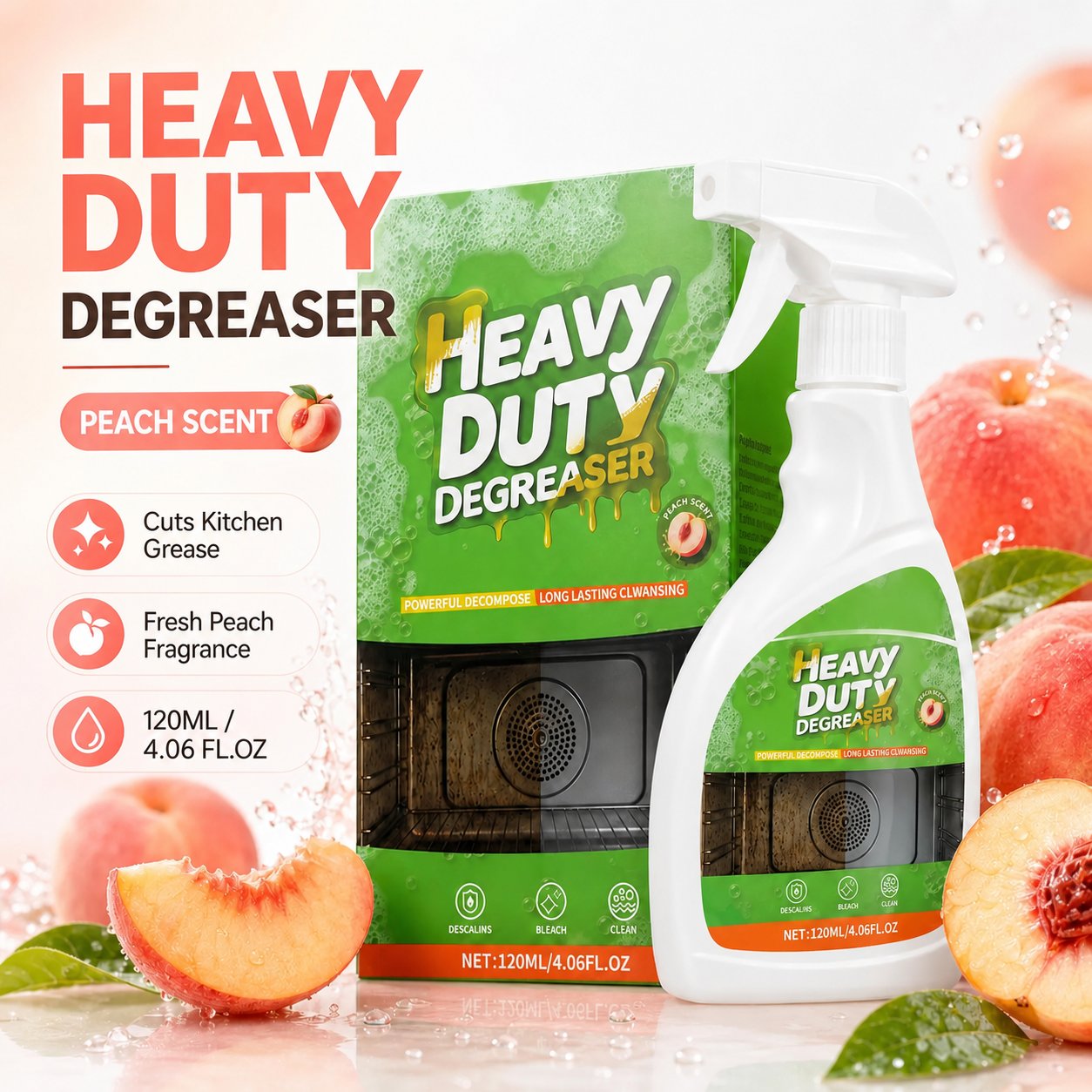 Heavy duty peach scented kitchen degreaser spray bottle and packaging