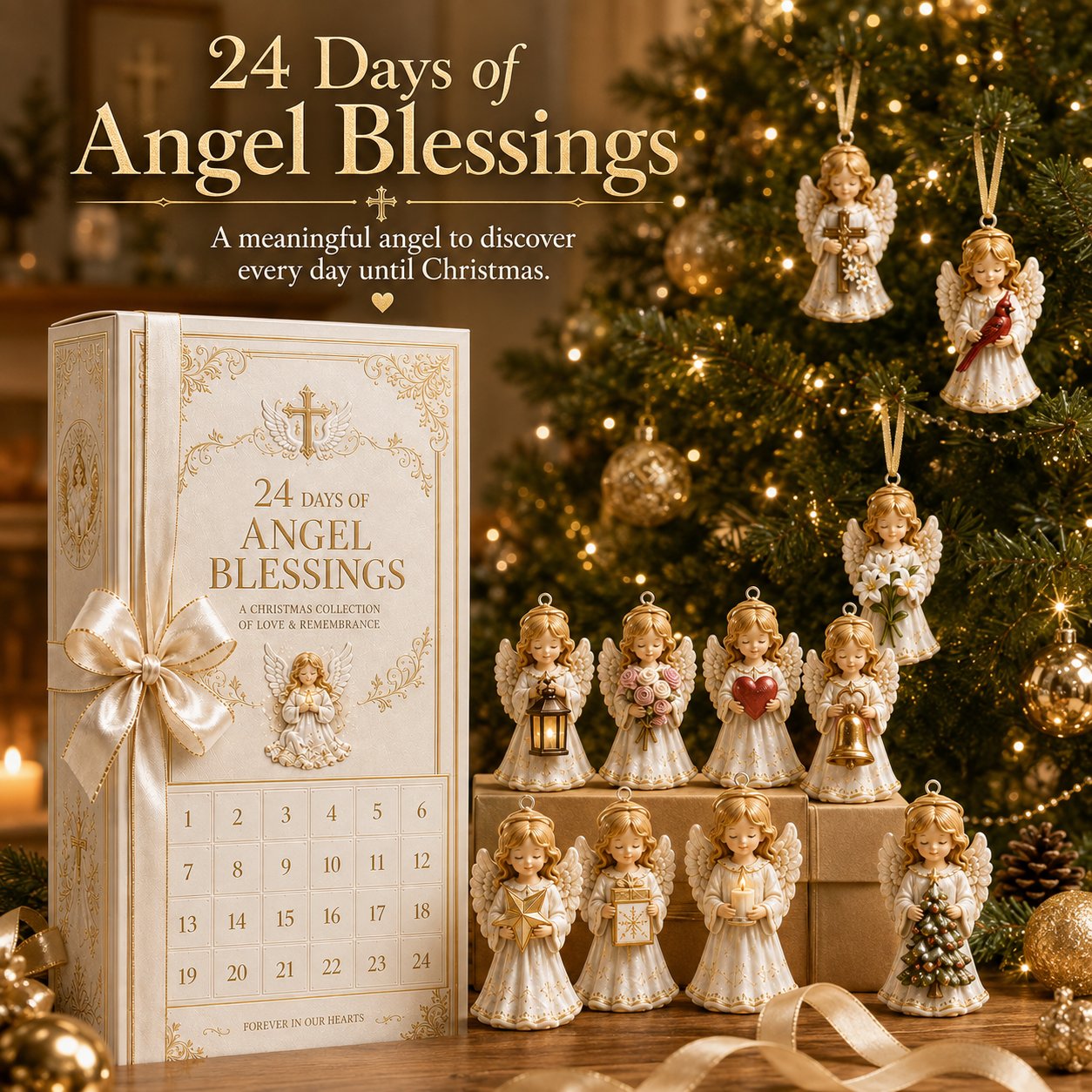 24-day angel Advent calendar with cream and gold angel ornaments displayed beside a Christmas tree