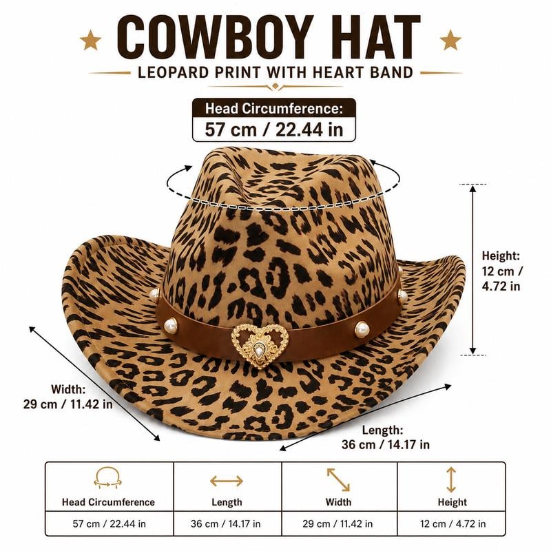 Leopard print cowboy hat size details