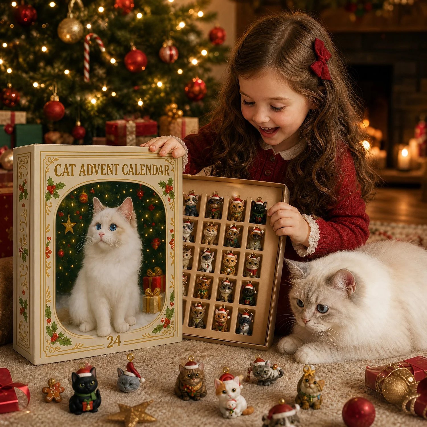Festive collection of Christmas cat miniatures gathered around a holiday tree Festive collection of Christmas cat miniatures gathered around a holiday tree
