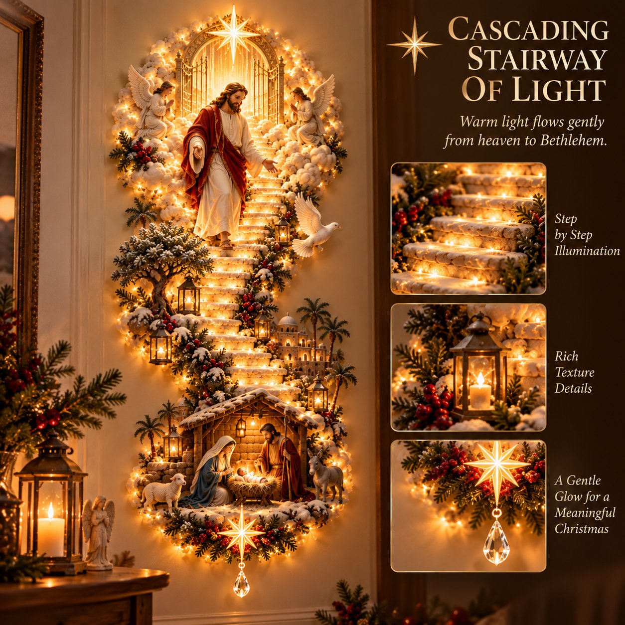 Cascading illuminated Christmas stairway detail