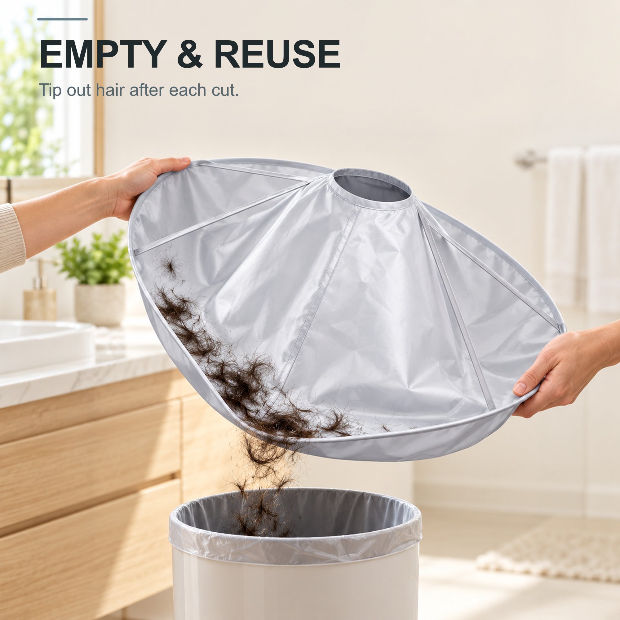 Hair clippings being emptied from reusable hair catcher cape into a bin