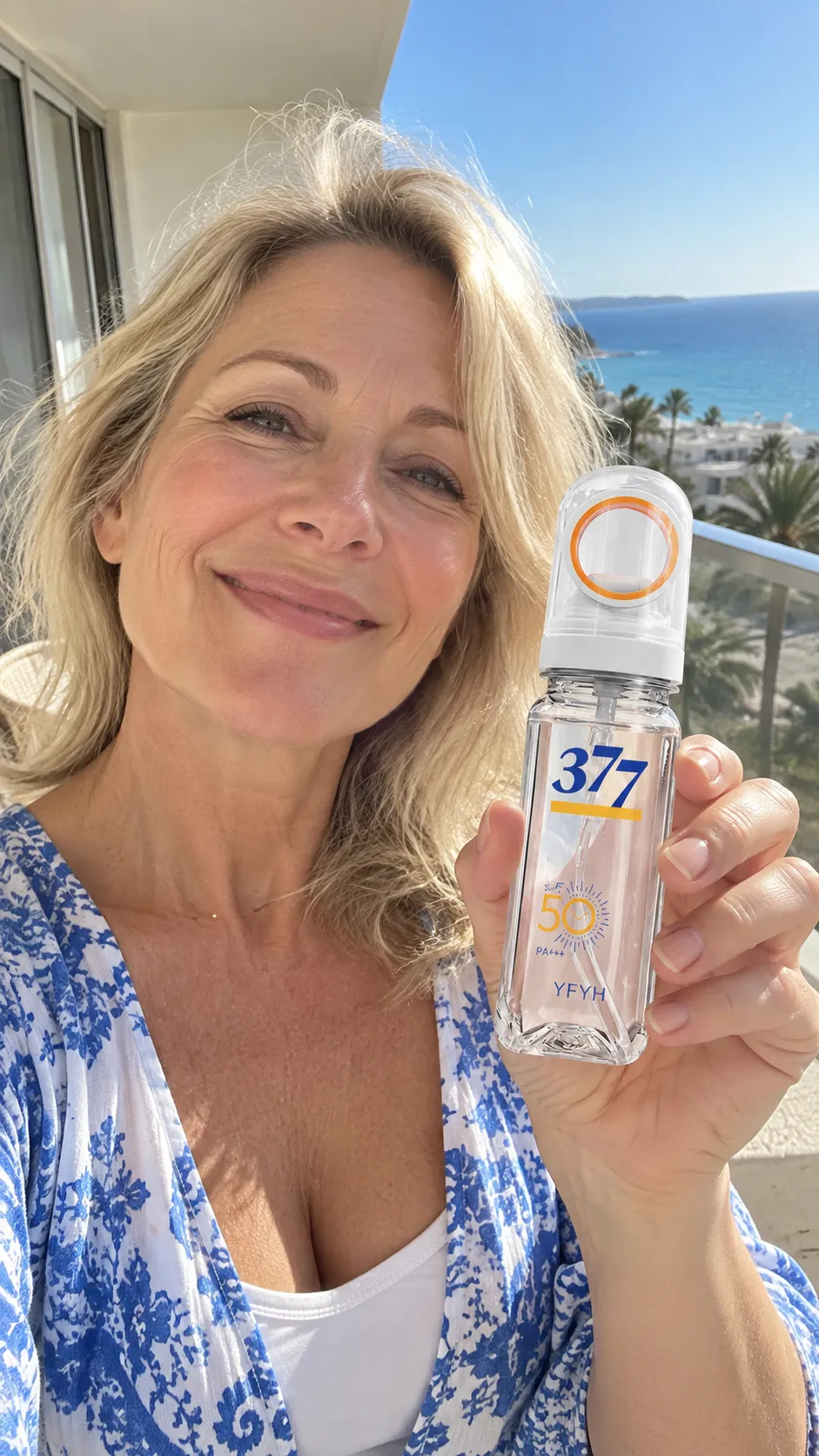 Woman holding YFYH 377 Whitening Water-Feel Sunscreen Spray on a sunny resort balcony