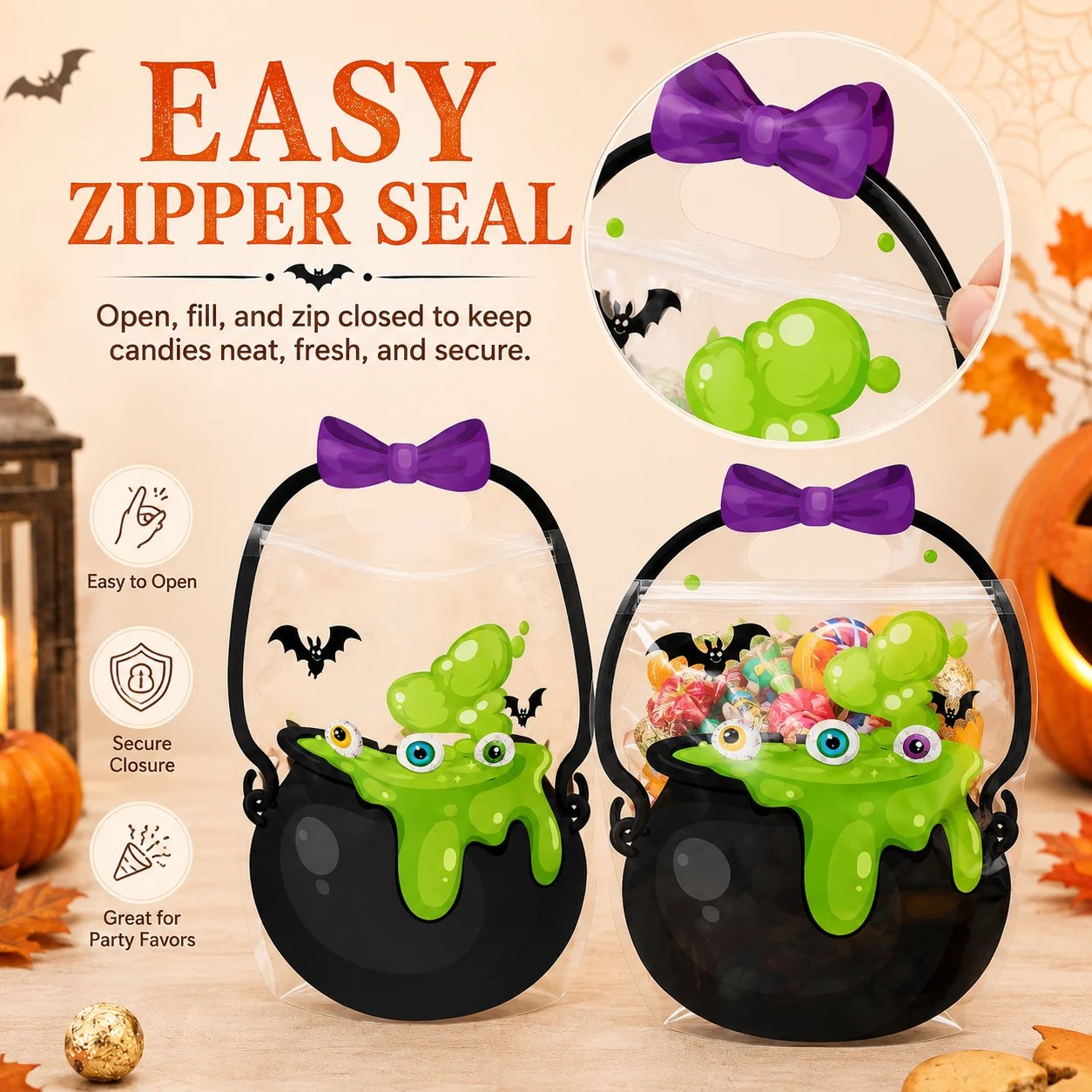 Halloween treat bag resealable zipper closure