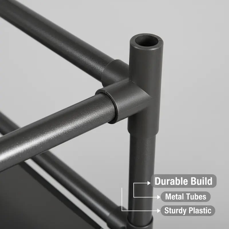 Close-up of metal tubes and sturdy plastic connectors on storage rack