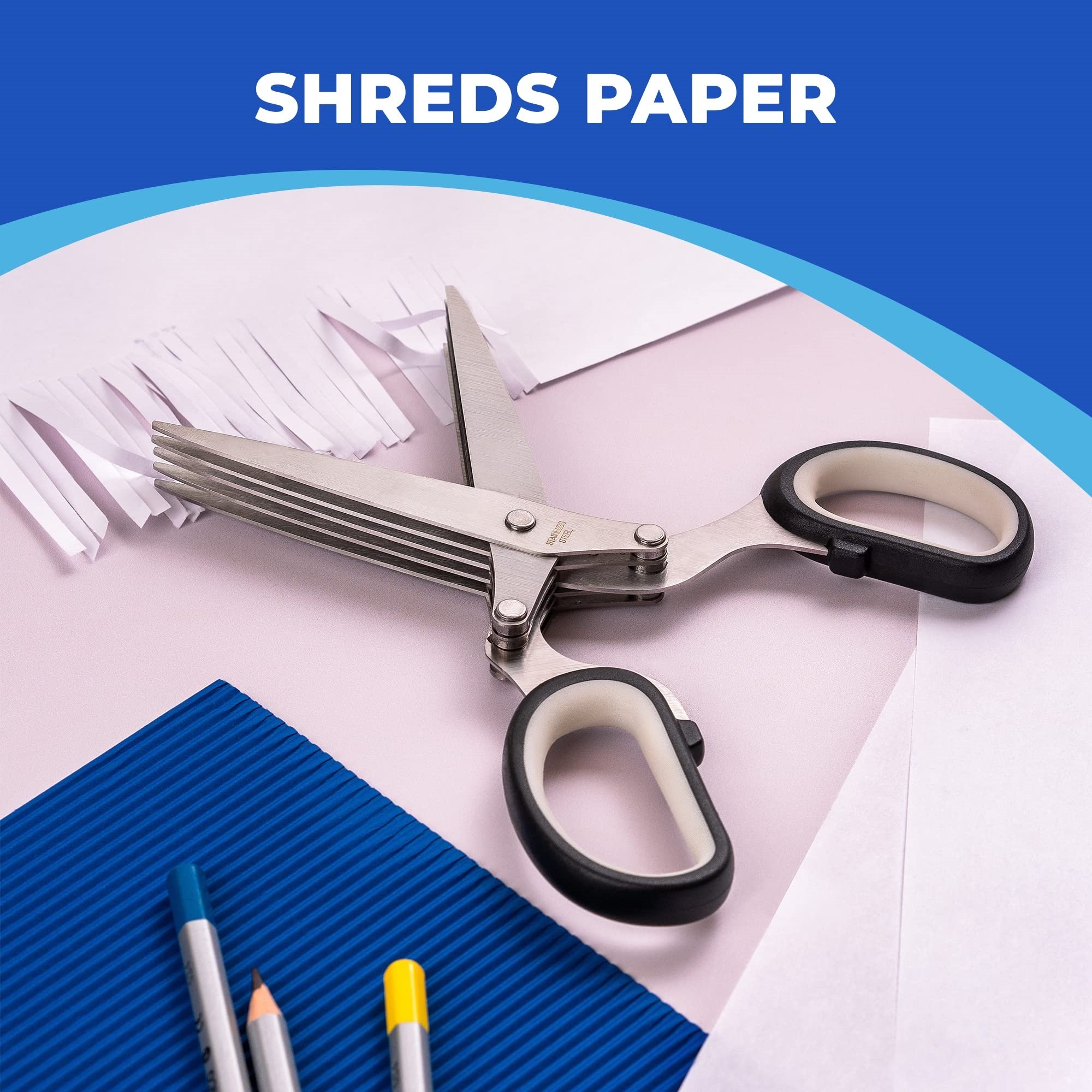 Multi-blade scissors shredding paper into narrow strips for craft projects