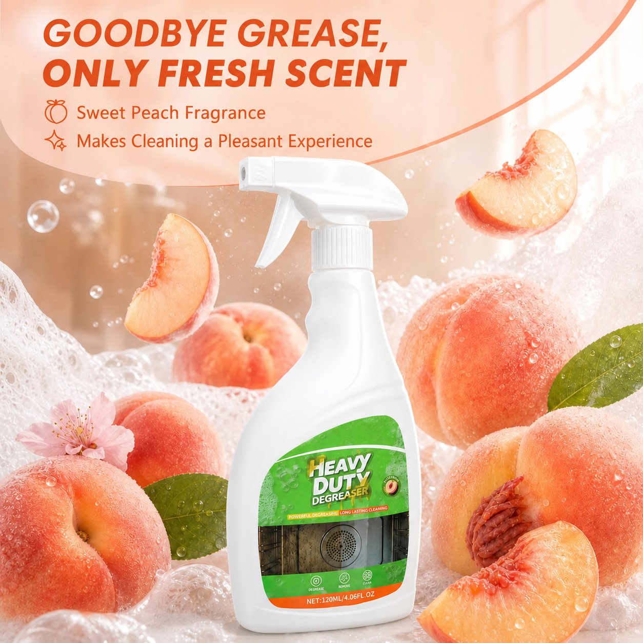 Peach scented heavy duty degreaser spray surrounded by fresh peaches