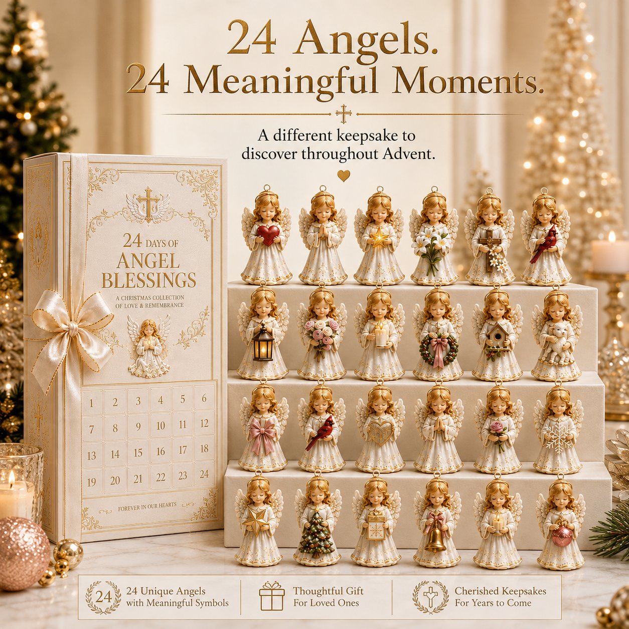 Complete display of the angel Advent calendar and 24 distinct angel ornaments