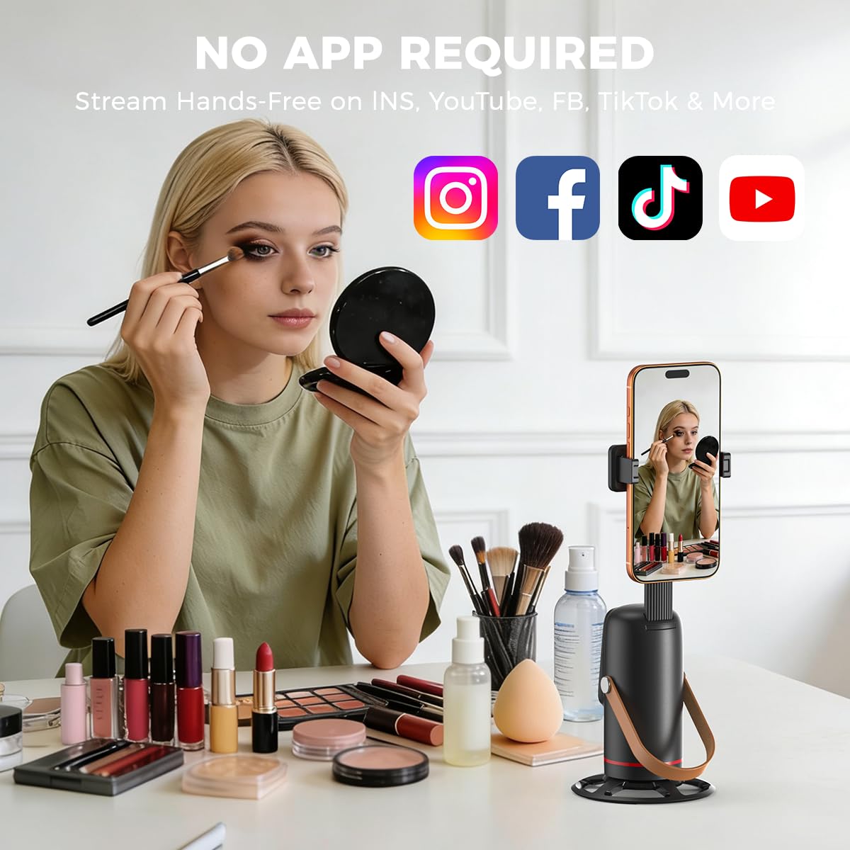 No-app hands-free phone recording setup used for a beauty tutorial