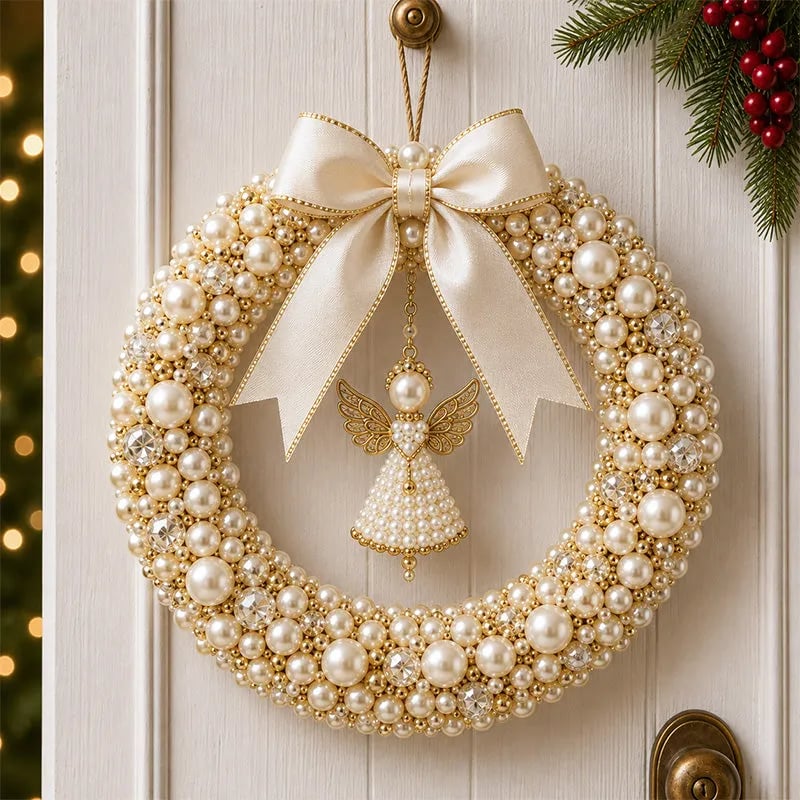 Finished Angel Blessings pearl wreath displayed on a door