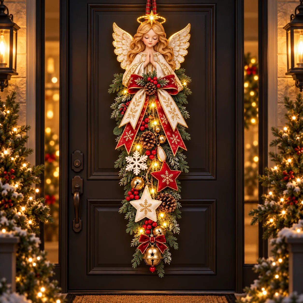 Angel Blessing Christmas Door Swag Night View