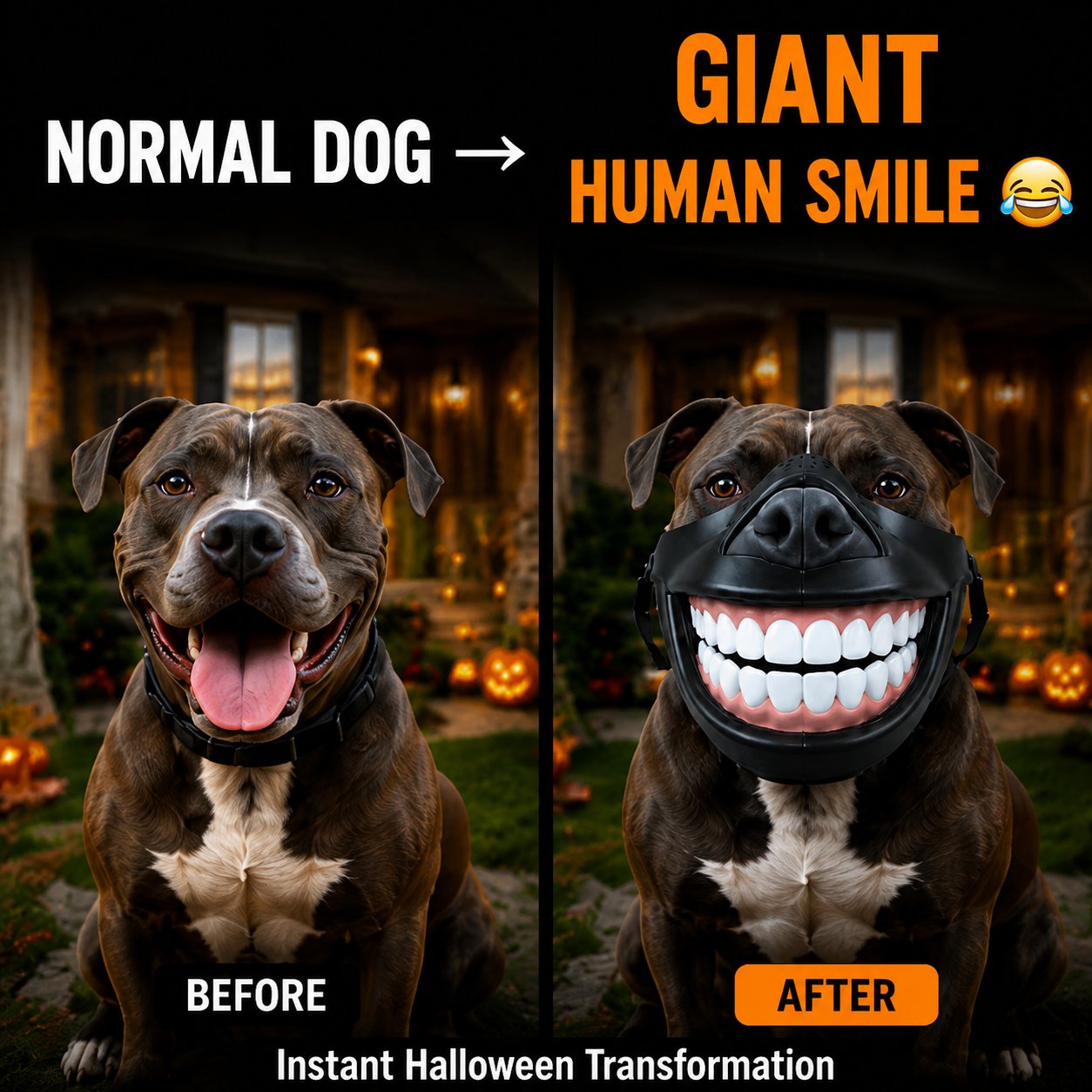 Dog transformed with giant human smile Halloween mask