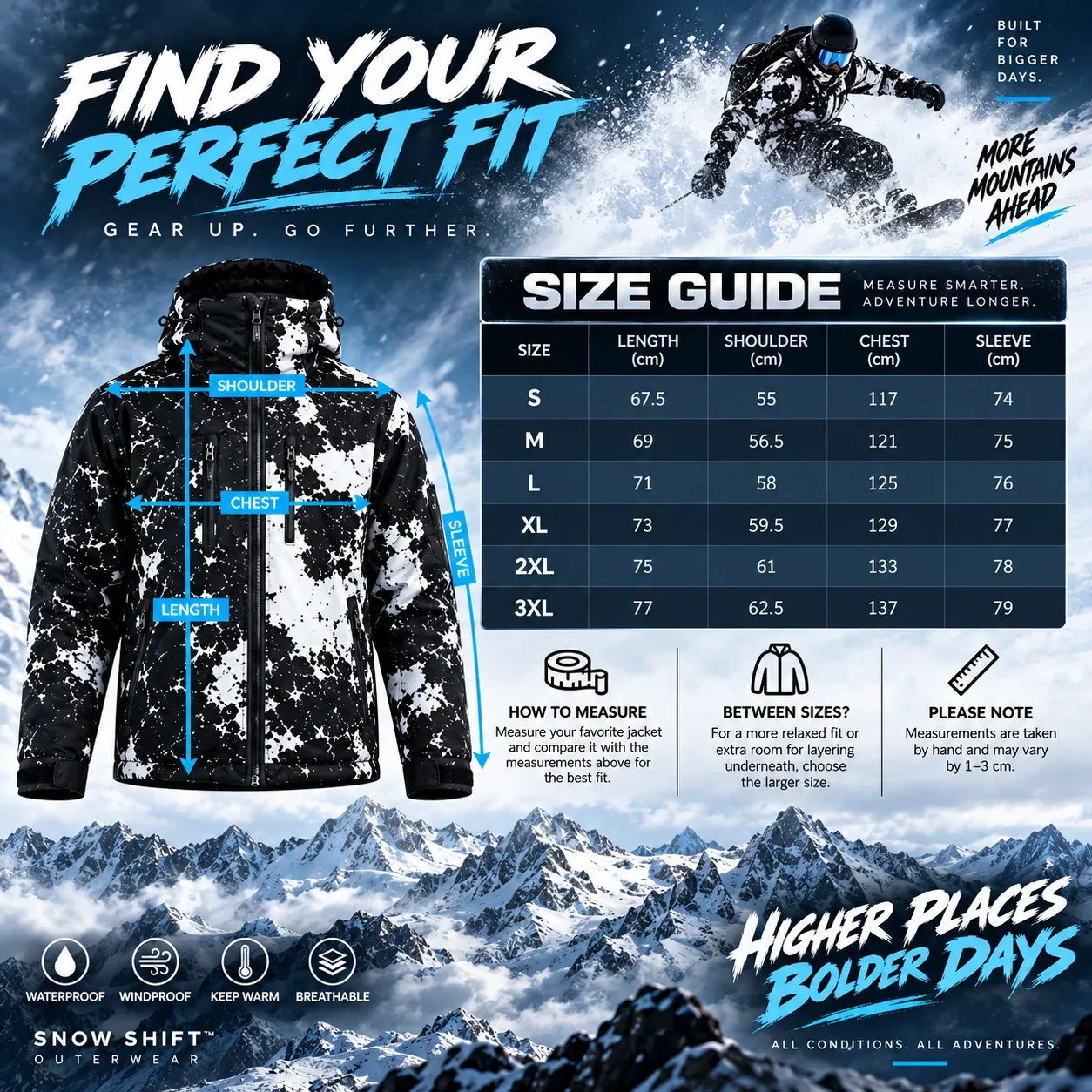 Größentabelle für die wetterreaktive Winterjacke