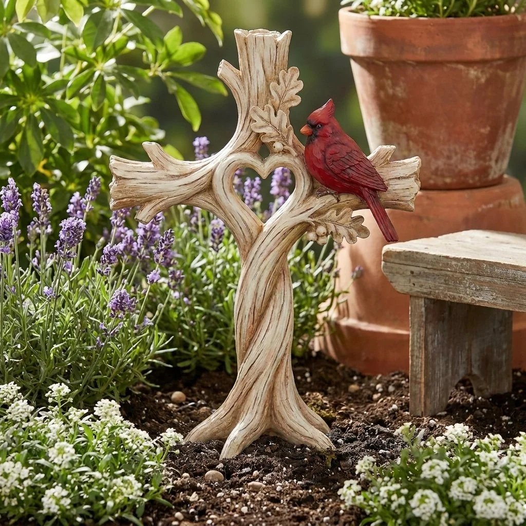 Cardinal wooden cross displayed in protected outdoor setting