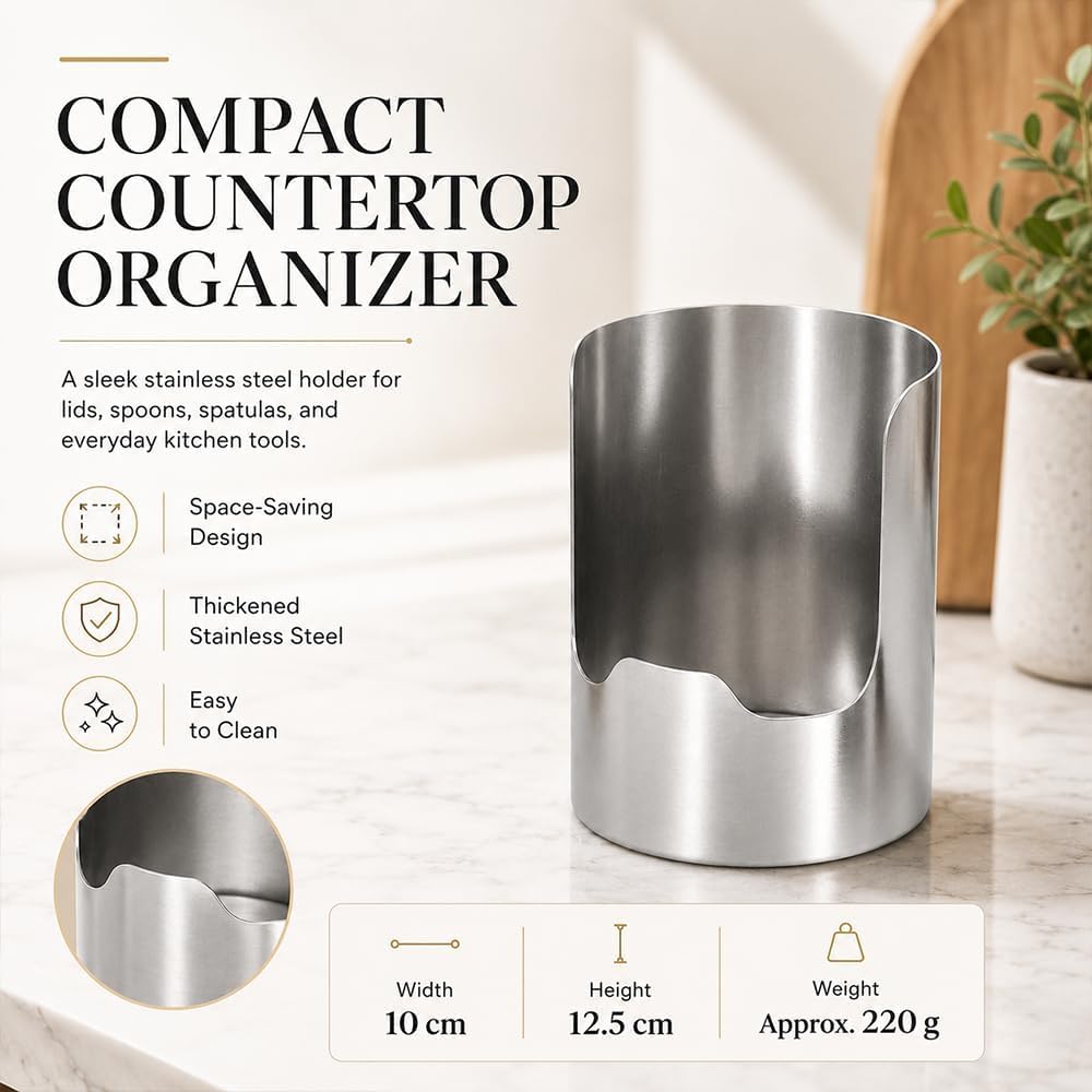 Stainless steel countertop utensil organizer dimensions 10 centimeters wide and 12.5 centimeters high